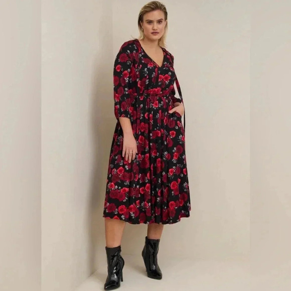 Torrid Midi Stretch Challis Tie Neck Black Dark Romantic Floral Midi Dress Sz 1X - Picture 1 of 11